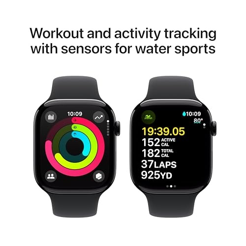 Apple Watch Series 10 GPS Smartwatch, 46mm, Jet Black Aluminum Case with Black Sport Band, Medium/Large (MWWQ3LW/a)