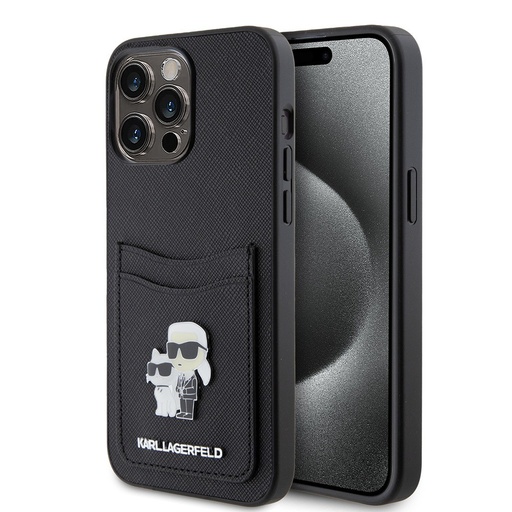 Karl Lagerfeld Saffiano Card Slot KC Metal Pin Hard Case for iPhone 15 Pro Max 6.7  Black - KLHCP15XSAPKCNPK